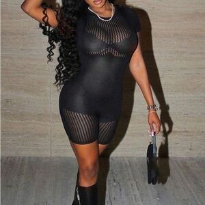 Striped Mesh Insert Unitard Romper Without Lingerie